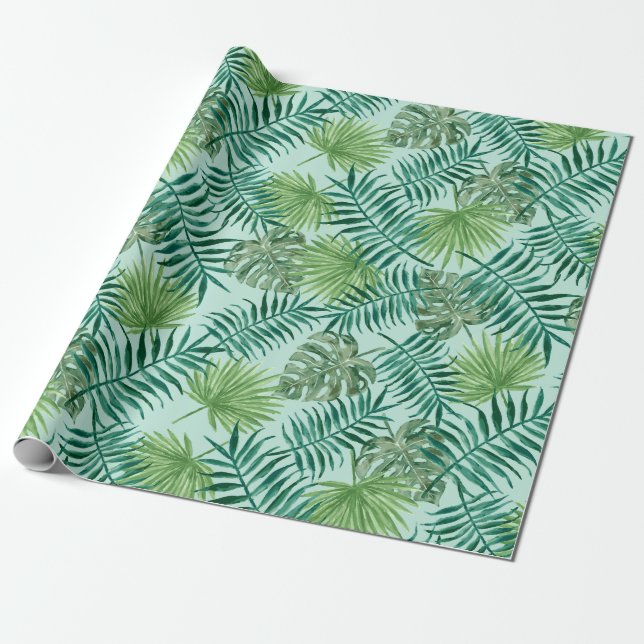 Aqua Tropical Leaves Vacation Wrapping Paper (Unrolled)