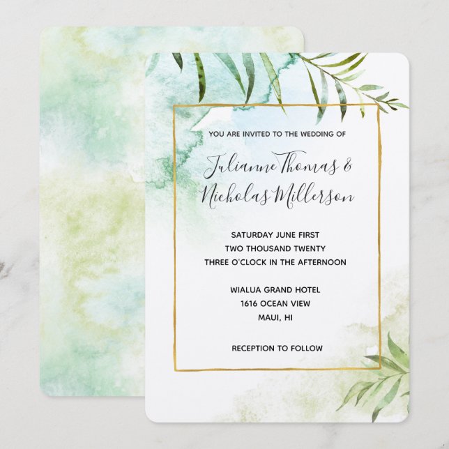 Aqua Tropical Leaves Watercolor Wedding  Invitation (Front/Back)