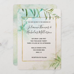 Aqua Tropical Leaves Watercolor Wedding Invitation