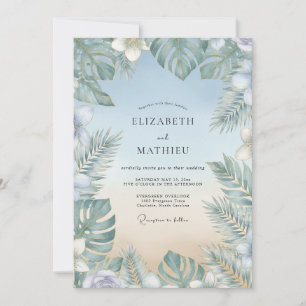Aqua Tropical Palm Muted Eucalyptus Wedding Invitation