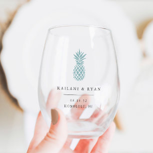 Aqua Tropical Pineapple Destination Wedding Favour Stemless Wine Glass
