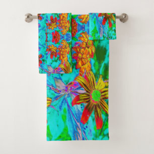 Aqua Tropical with Yellow and Orange Flowers Bath Towel Set