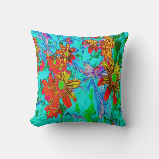 Aqua Tropical with Yellow and Orange Flowers Cushion (Front)