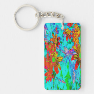 Aqua Tropical with Yellow and Orange Flowers Key Ring
