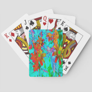 Aqua Tropical with Yellow and Orange Flowers Playing Cards