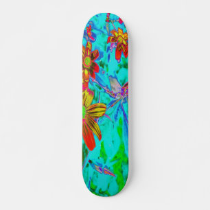 Aqua Tropical with Yellow and Orange Flowers Skateboard
