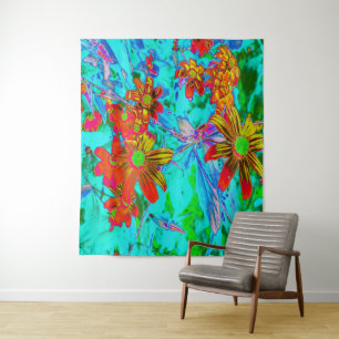 Aqua Tropical with Yellow and Orange Flowers Tapestry
