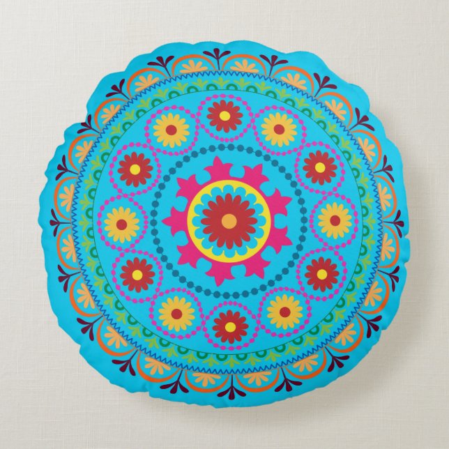 Aqua Turkish Floral design round pillow (Front)