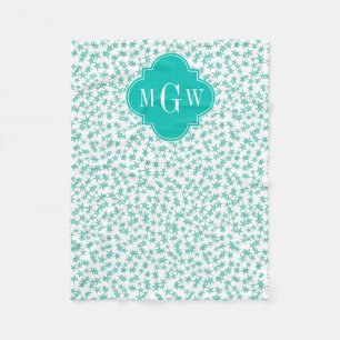 Aqua / Turq White Stars Teal Quatrefoil 3 Monogram Fleece Blanket