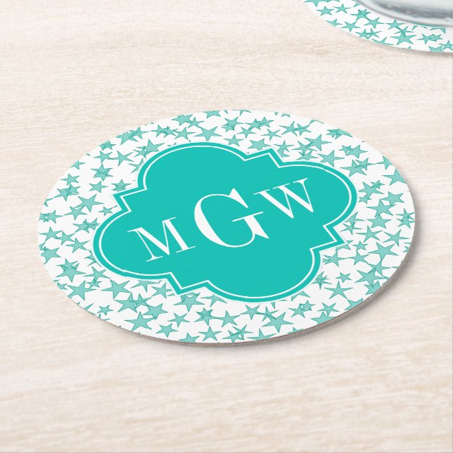 Aqua / Turq White Stars Teal Quatrefoil 3 Monogram Round Paper Coaster (Angled)