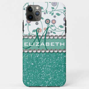 Aqua Turqoise Monogram Flower Glitter Pattern iPhone 11 Pro Max Case