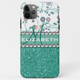 Aqua Turqoise Monogram Flower Glitter Pattern iPhone 11 Pro Max Case