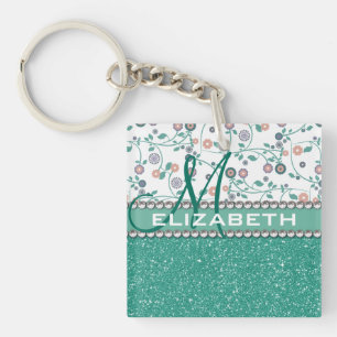 Aqua Turqoise Monogram Flower Glitter Pattern Key Ring