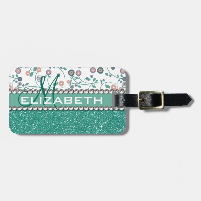 Aqua Turqoise Monogram Flower Glitter Pattern Luggage Tag (Front Horizontal)
