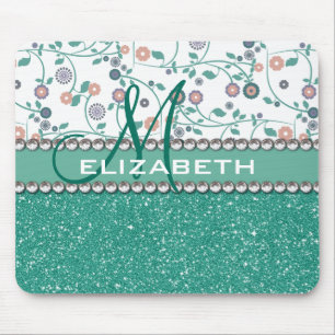 Aqua Turqoise Monogram Flower Glitter Pattern Mouse Mat