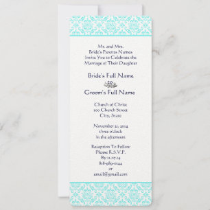 Aqua Turquiose Navy Blue Damask Wedding Invitation