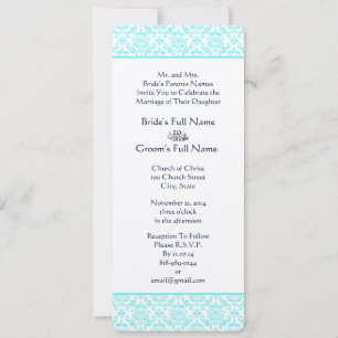 Aqua Turquiose Navy Blue Damask Wedding Invitation
