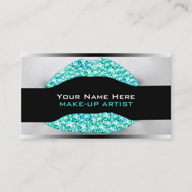 Aqua Turquoi Diamond Bling MakeUp Artist Biz Cards (Front)