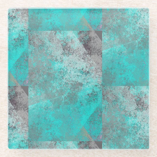 Aqua Turquoise and Grey Stone look Glass Coaster (Front)