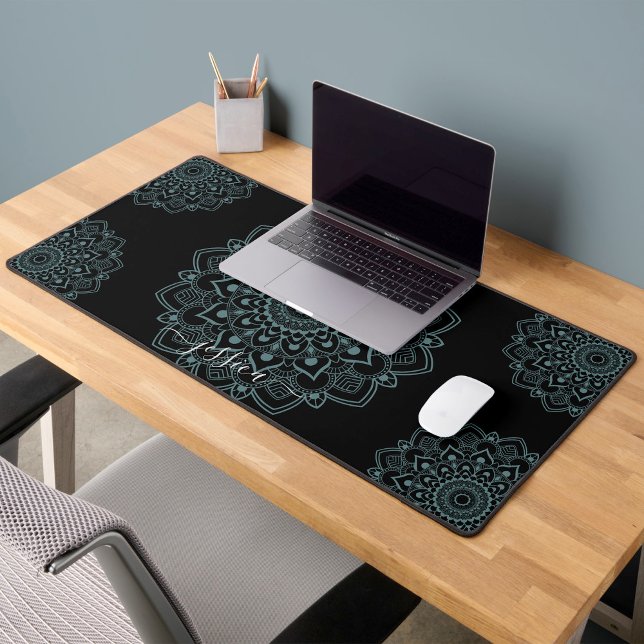 Aqua Turquoise & Black Mandala w Calligraphy Name Desk Mat (Creator Uploaded)