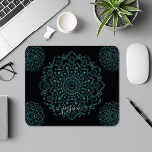 Aqua Turquoise & Black Mandala w Calligraphy Name Mouse Mat