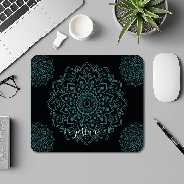 Aqua Turquoise & Black Mandala w Calligraphy Name Mouse Mat (Creator Uploaded)