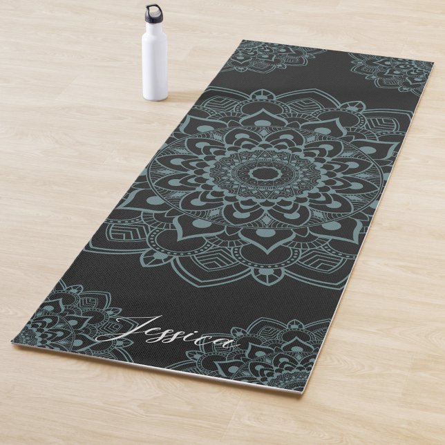 Aqua Turquoise & Black Mandala w Calligraphy Name Yoga Mat (Creator Uploaded)