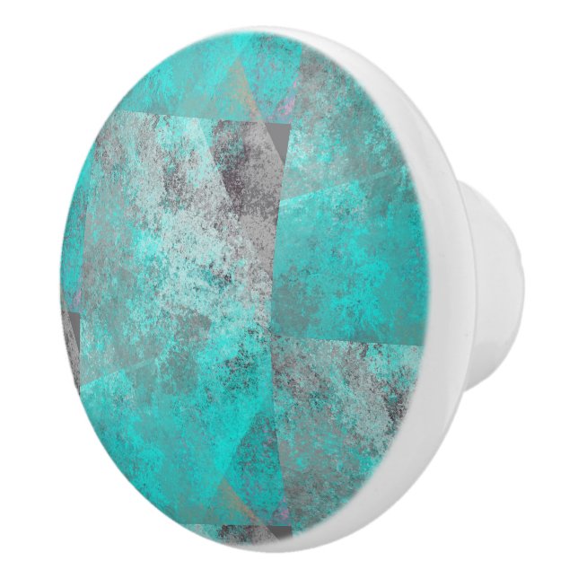 Aqua Turquoise Blue and Grey Abstract Ceramic Knob (Right)