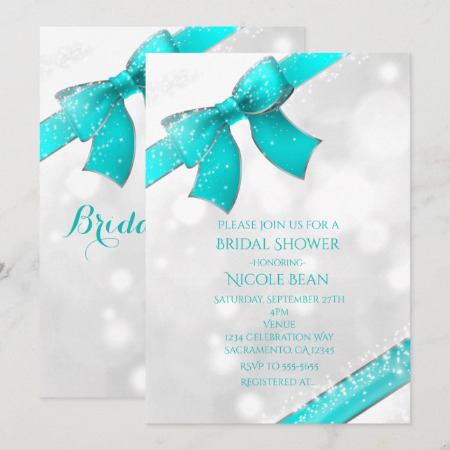 Aqua Turquoise Blue Bow & Sparkles Chic Invitation (Front/Back)
