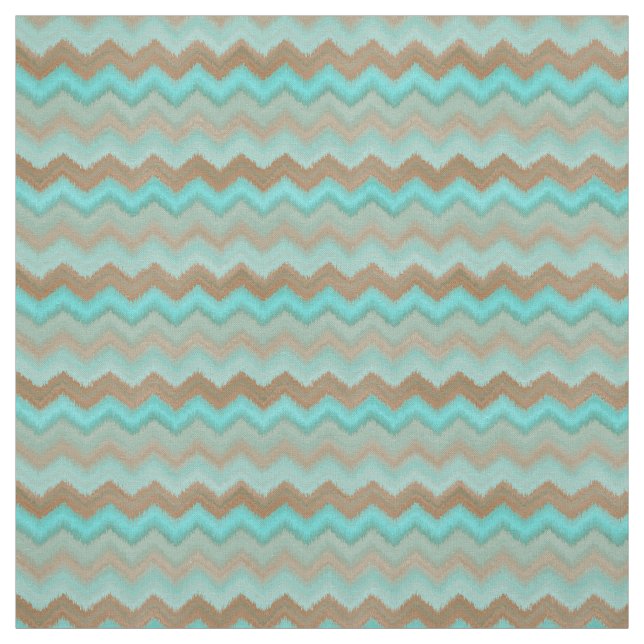 Aqua Turquoise Blue Brown Ikat Zigzag Pattern Fabric (Swatch)