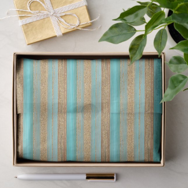 Aqua Turquoise Blue Green Faux Glitter Stripe Art Tissue Paper (Gift)