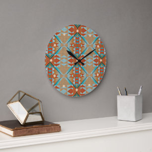 Aqua Turquoise Blue Orange Brown Tribal Pattern Large Clock