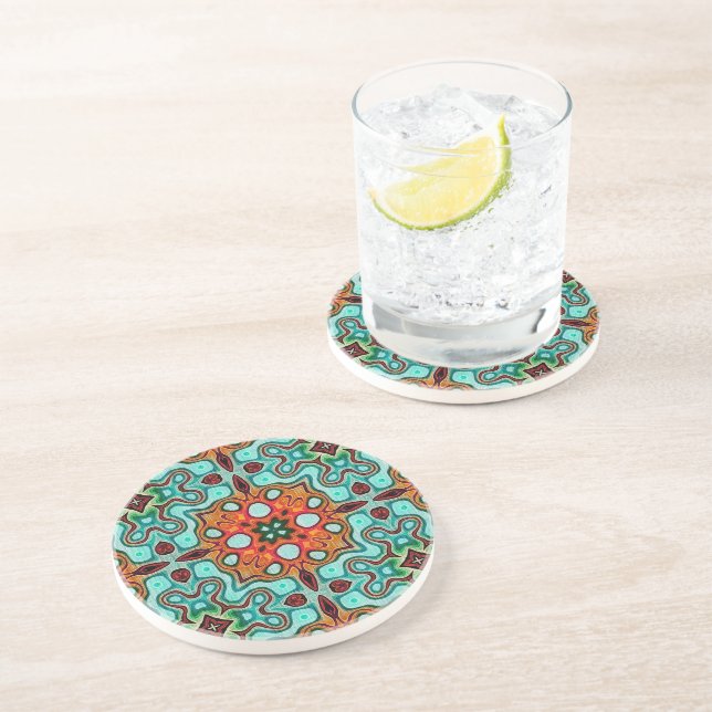 Aqua Turquoise Blue Orange Red Brown Orient Art Coaster (Side)