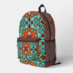 Aqua Turquoise Blue Orange Red Brown Tribal Art Printed Backpack