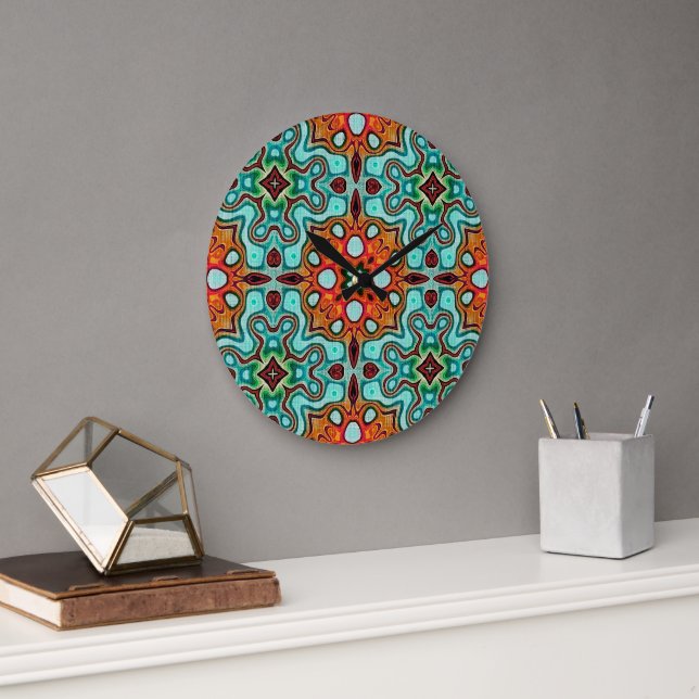 Aqua Turquoise Blue Orange Red Brown Tribe Art Large Clock (Office)