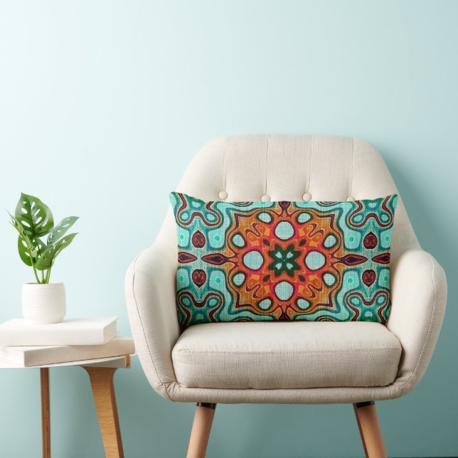 Aqua Turquoise Blue Orange Red Brown Tribe Art Lumbar Cushion (Chair)