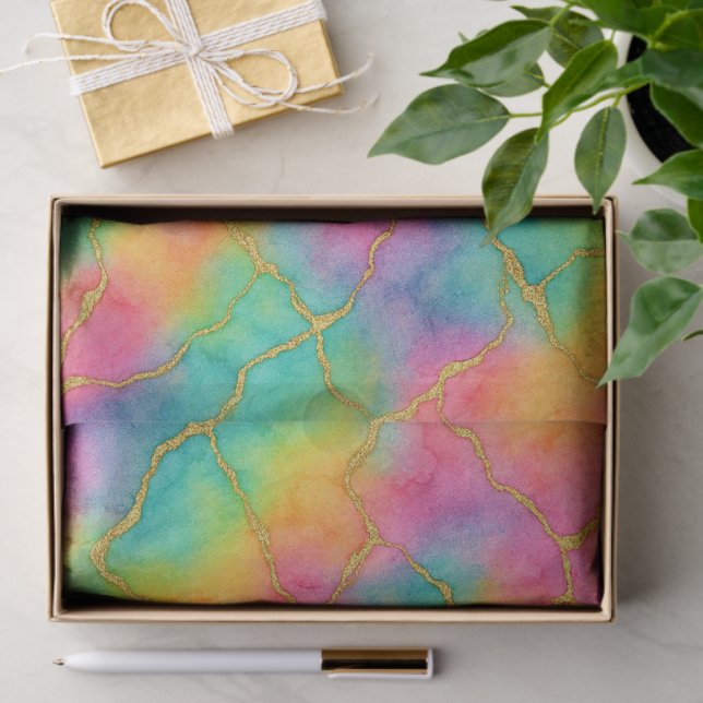Aqua Turquoise Blue Pink Yellow Purple Gold Marble Tissue Paper (Gift)