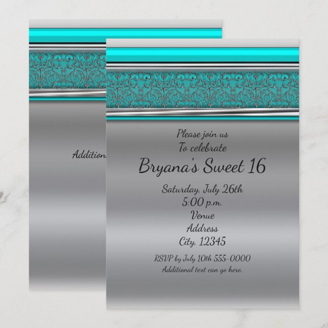 Aqua Turquoise Blue & Silver Sweet 16 Invitations (Front/Back)