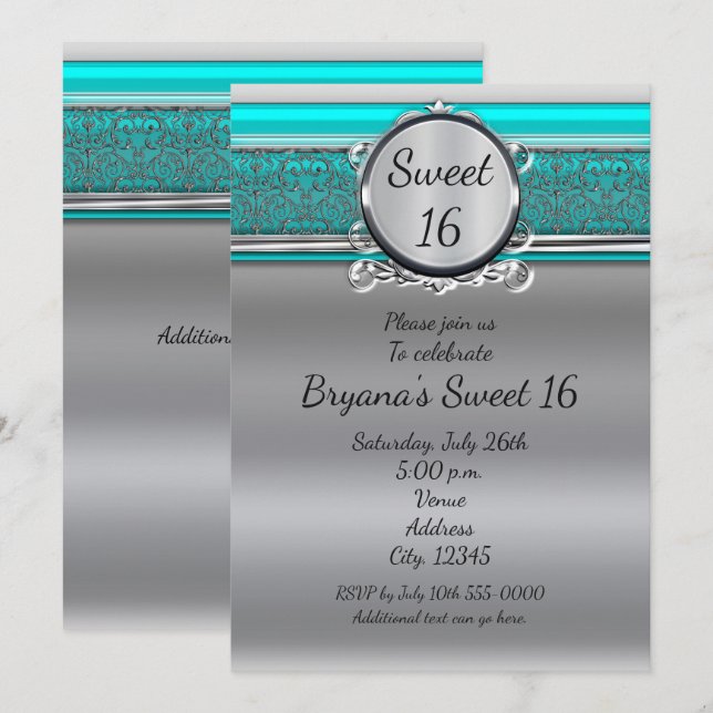 Aqua Turquoise Blue & Silver Sweet 16 Invitations (Front/Back)