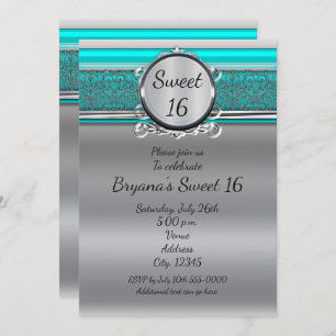 Aqua Turquoise Blue & Silver Sweet 16 Invitations