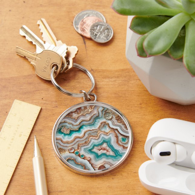 Aqua Turquoise Blush Pink Rose Gold Marble Key Ring (Desk)