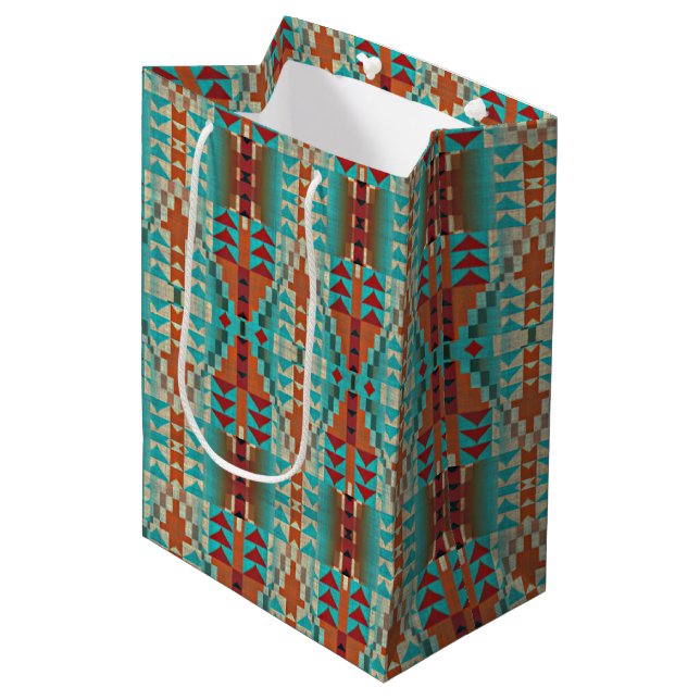Aqua Turquoise Burnt Orange Taupe Brown Mosaic Art Medium Gift Bag (Front Angled)