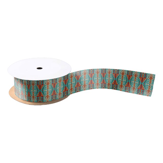 Aqua Turquoise Burnt Orange Taupe Brown Mosaic Art Satin Ribbon (Spool)