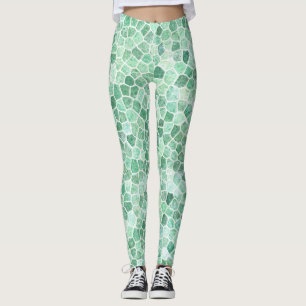 Aqua Turquoise Cobbled Patchwork Terrazo Pattern Leggings