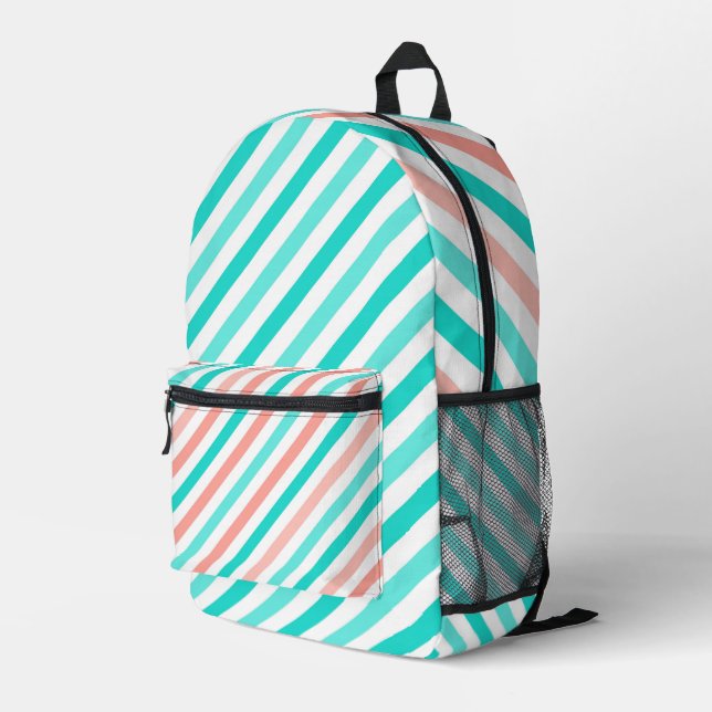 AQUA TURQUOISE CORAL WHITE STRIPES PRINTED BACKPACK (Back Corner Right)