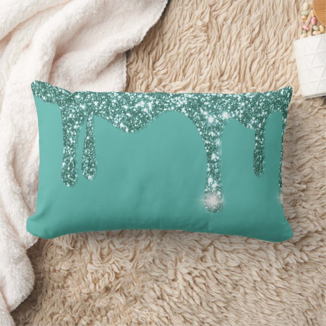 Aqua Turquoise Dripping Glitter Lumbar Cushion (Blanket)