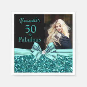 Aqua Turquoise Glitter Bow 50th Birthday Photo Napkin