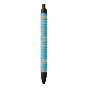 Aqua Turquoise Gold Faux Glitter Stripes Black Ink Pen
