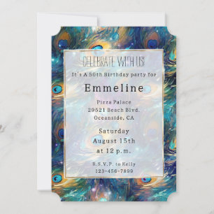 Aqua Turquoise Gold Peacock Feathers 50th Birthday Invitation