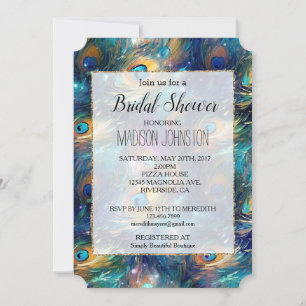 Aqua Turquoise Gold Peacock Feathers Invitation